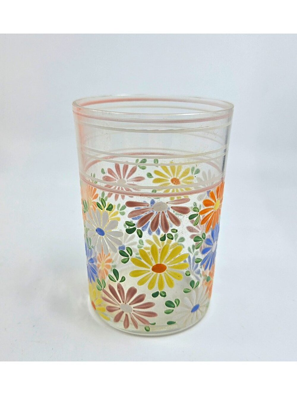 Vintage Czech Glass Tumbler With Hand-Painted Floral Daisy Design 4" Tall Multic